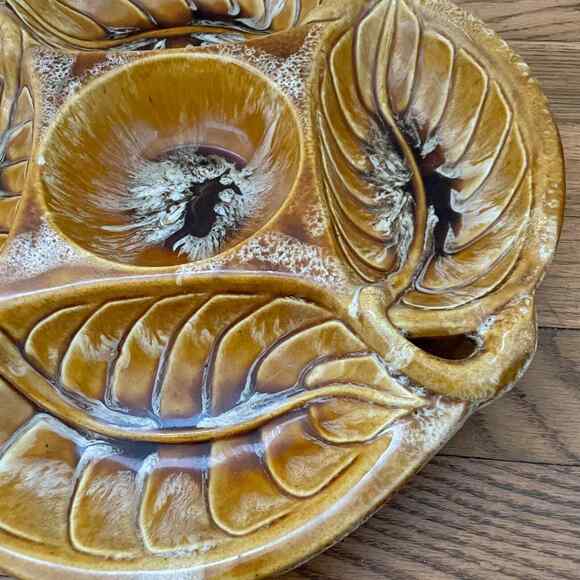 Wade of California Vintage Leaf Divided Serving Tray - Yellow Ceramic #722 1960s - Picture 3 of 6